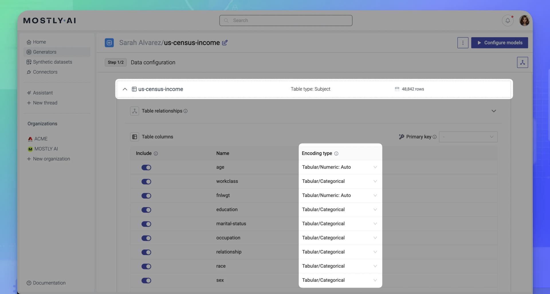 MOSTLY AI - Generator - Set column types - Select an added table