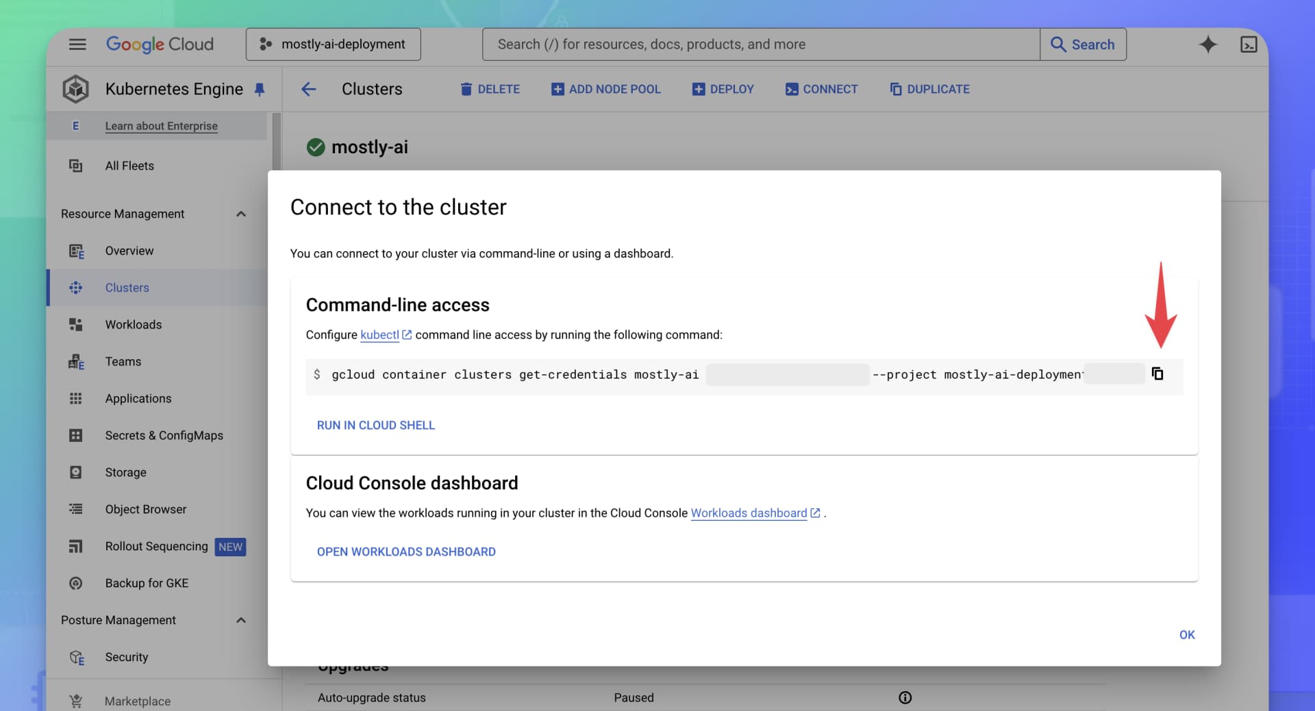Google Cloud GKE - Copy connect command