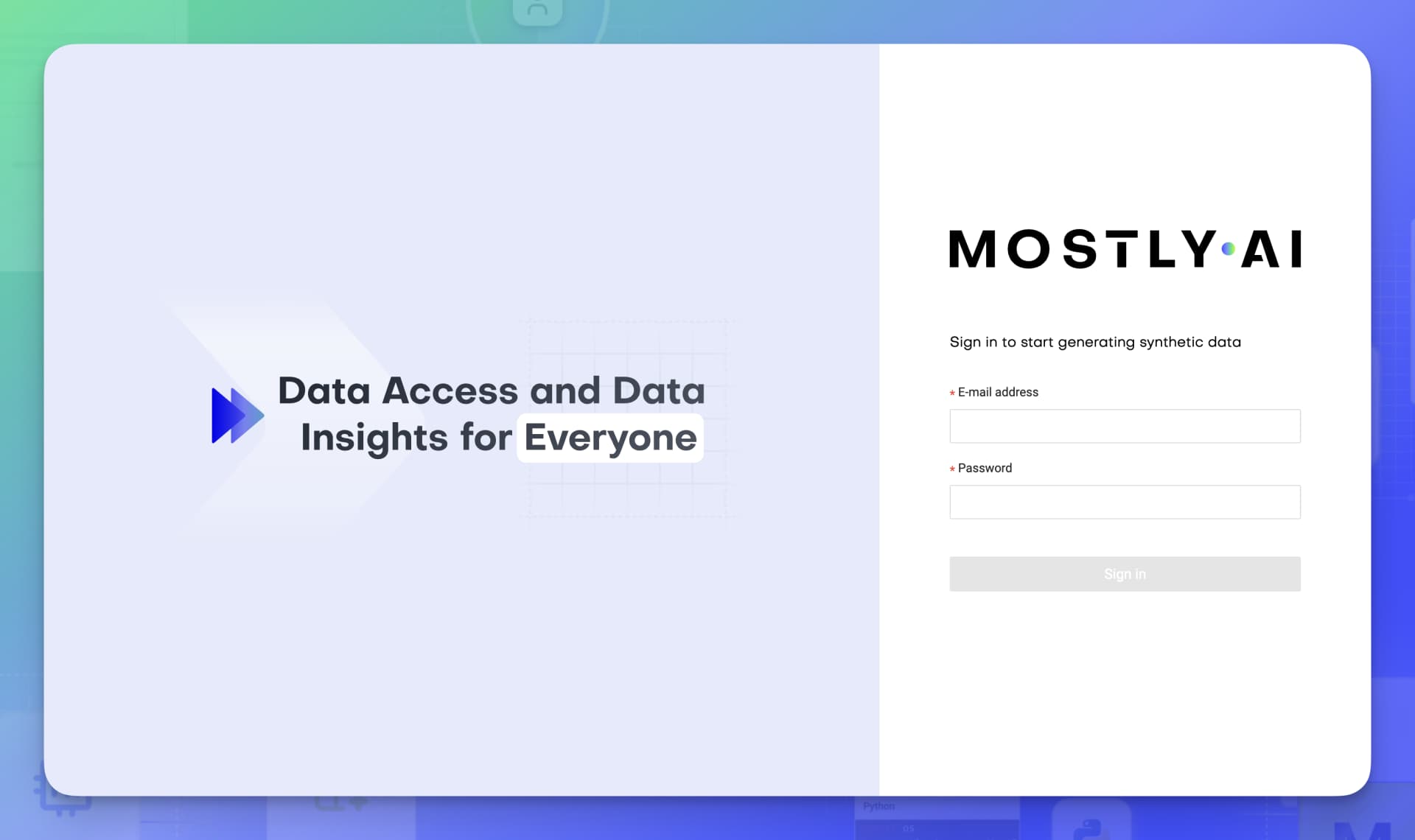 MOSTLY AI Deployment - Log in page