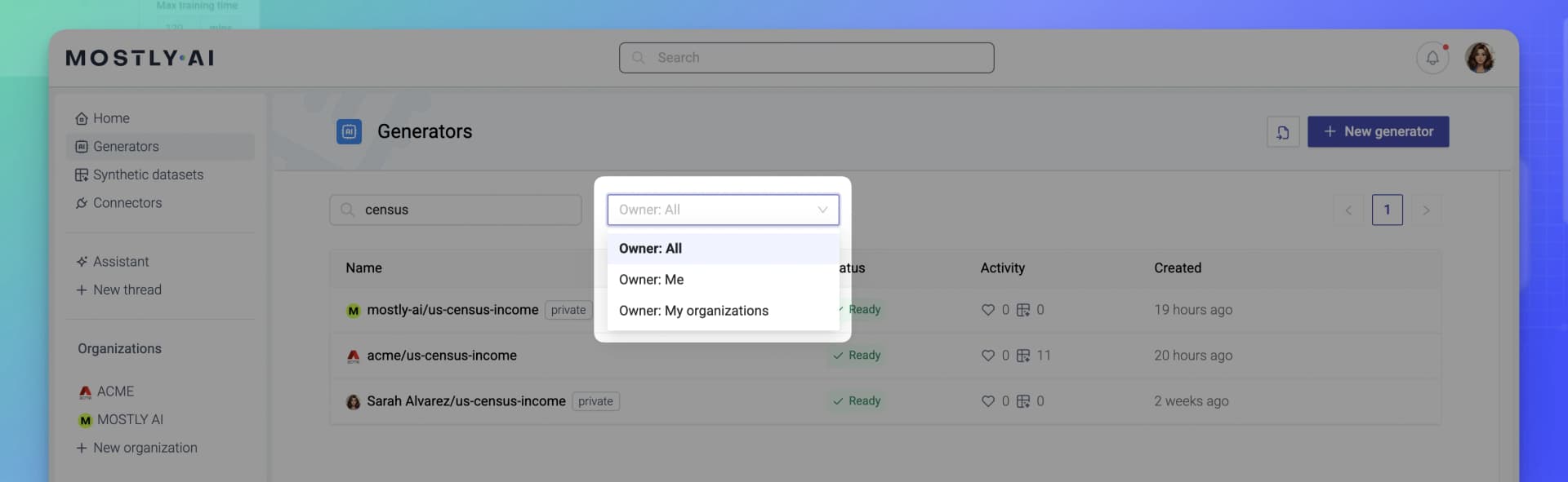 MOSTLY AI - Filter by ownership