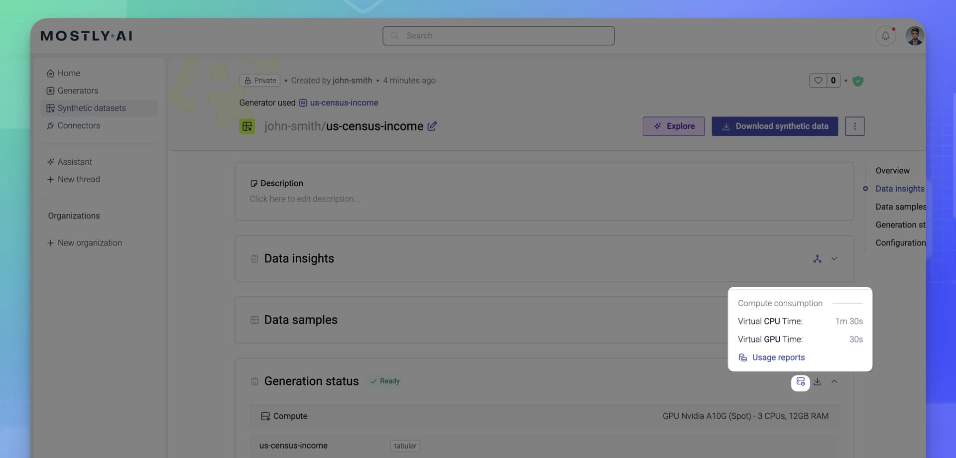 MOSTLY AI - Usage and credits - Virtual CPU and GPU times